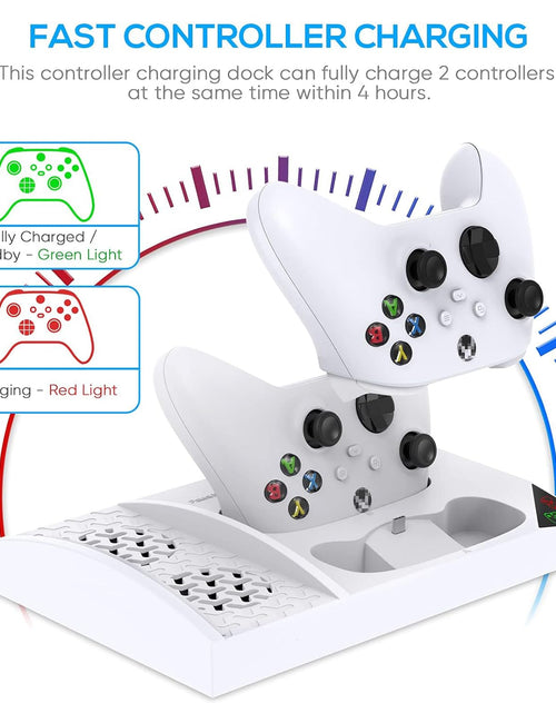Load image into Gallery viewer, Charger Stand with Cooling Fan for Xbox Series S Console and Controller,Vertical Dual Charging Dock Accessories with 2 X 1400Mah Rechargeable Battery and Cover, Earphone Bracket for XSS
