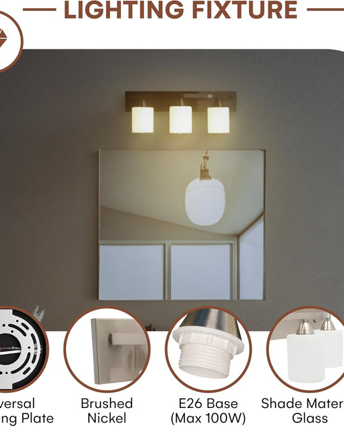 Load image into Gallery viewer, | Bathroom Vanity Light Bar | Interior Bathroom Lighting Fixtures with Modern Glass Shade | Bathroom Lights over Mirror | (Brushed Nickel, 3 Lights, E26 100W LED, Bulbs Not Included)
