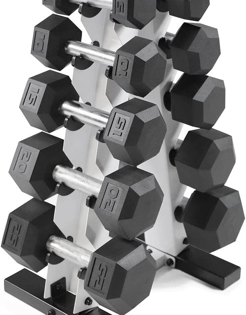 Load image into Gallery viewer, 5-25Lb Rubber Coated Hex Dumbbell Set with a Frame Storage Rack Non-Slip Hex Shape for Muscle Toning, Strength Building &amp; Weight Loss - Multiple Choices Available
